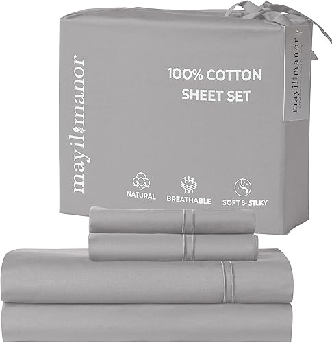 Juego de sábanas de algodón 100 % natural, tejido de satén de una sola capa de 500 hilos, suave, transpirable, hipoalergénico, liso, de 4 piezas,