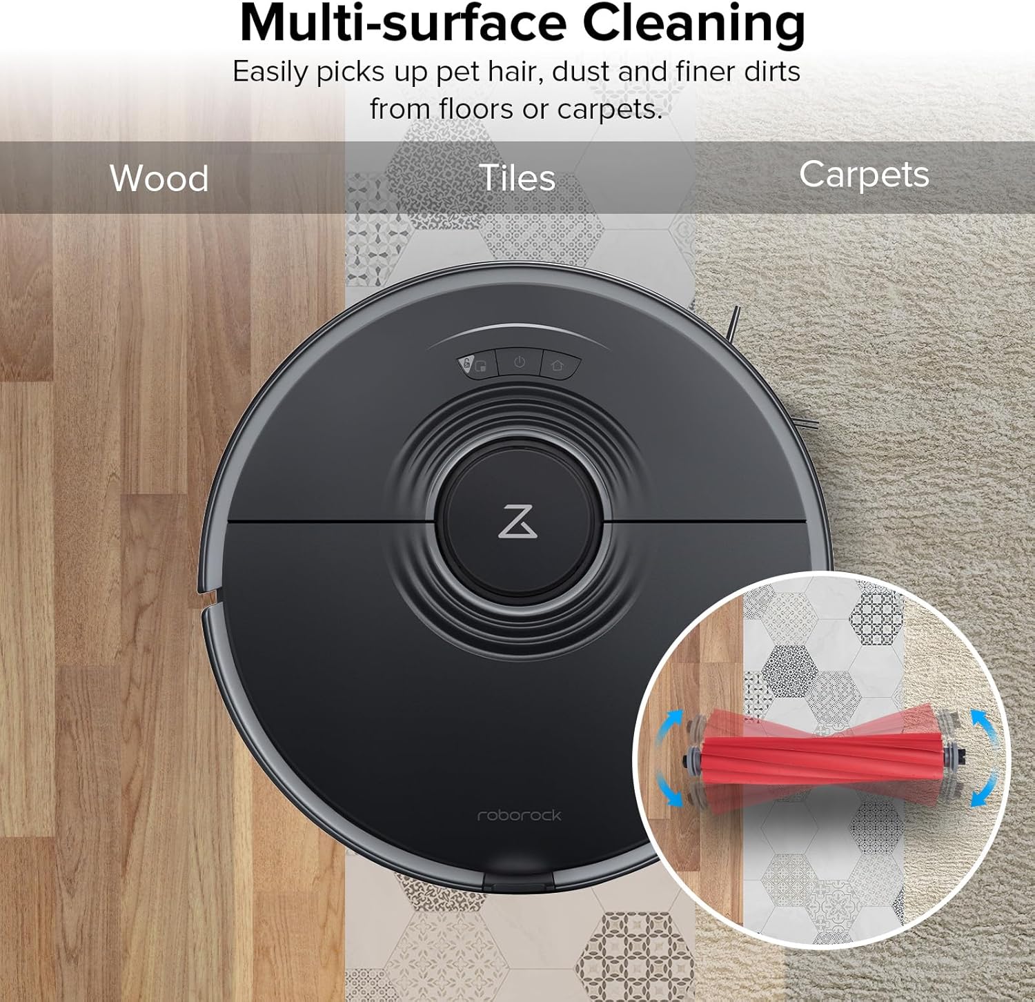 Roborock robot vacuum cleaning wood, tiles, and carpets, highlighting multi-surface cleaning capability.