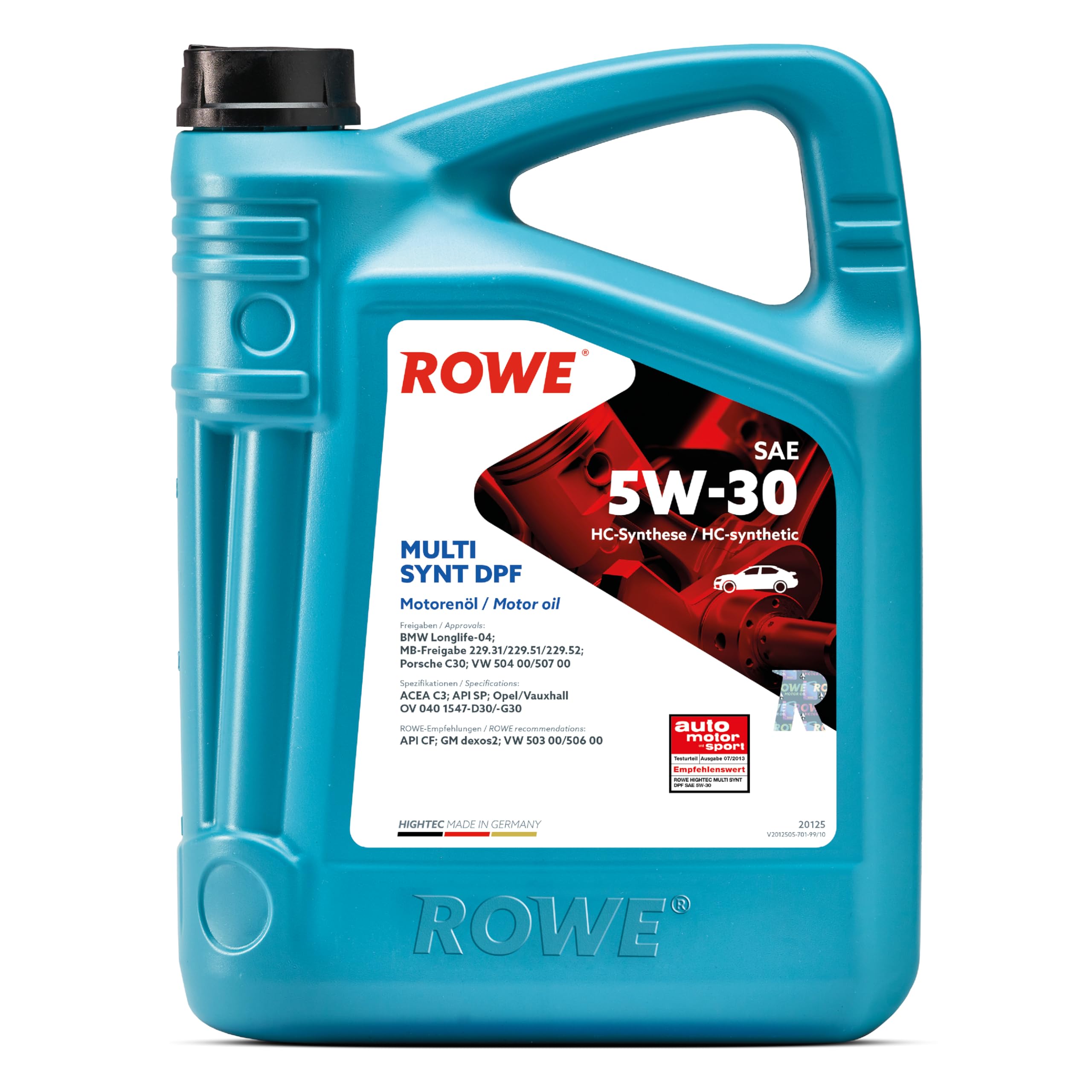 ROWE Aceite de motor 5W-30 HIGHTEC Aceite sintético HC (Hydro Cracked) ACEA C3 API SP MULTI SYNT DPF 5L Compatible con VW Polo V Hatchback 6R1, 6C1 up! Hatchback 121, 122, BL1, BL2, BL3, 123, TOYOTA | Aceite de motor para motores modernos de gasolina y di