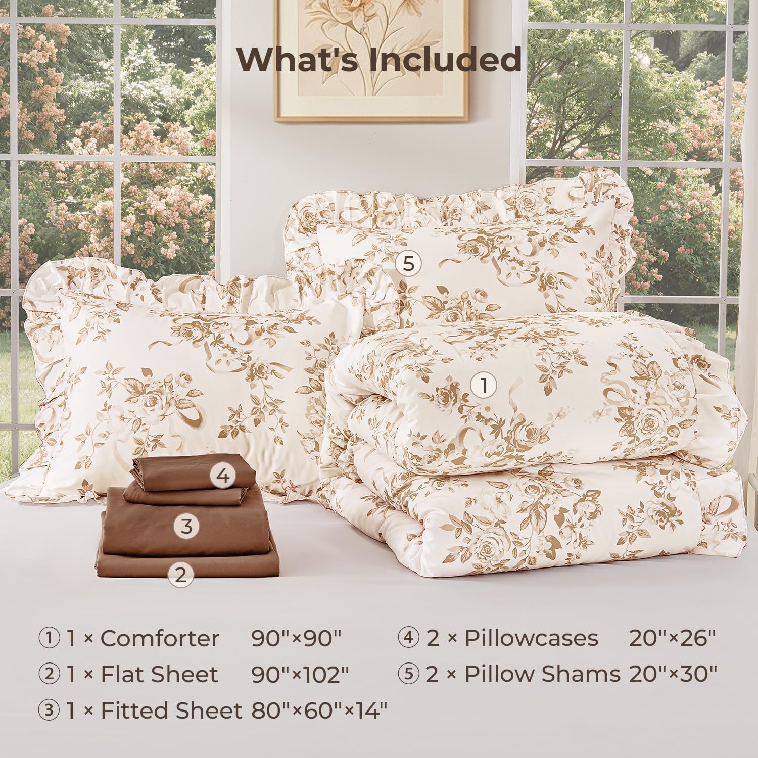 Litanika Floral Queen Size Comforter Brown-7 Piece Ruffle Bedding