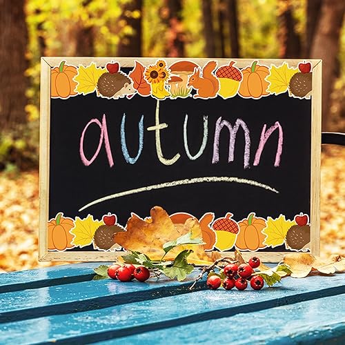 Miniatura 4 de Whaline Tablero de anuncios de otoño de 66 pies, bordes de hojas de otoño, calabaza, ardilla, erizo, girasol, botas de lluvia, borde de hongo, borde