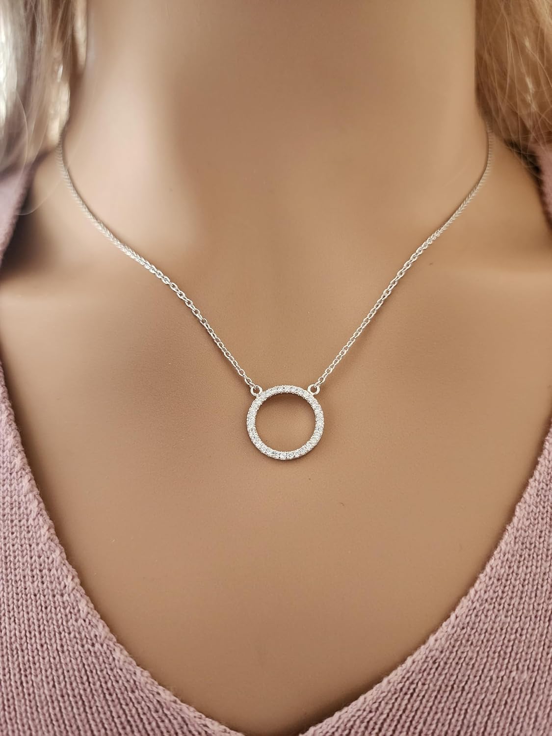 Eternity Circle Necklace 925 Sterling Silver Cubic Zirconia/Open Circle Silver Necklace/Gift for Her/Two Eternity Circle Sizes - Image 7