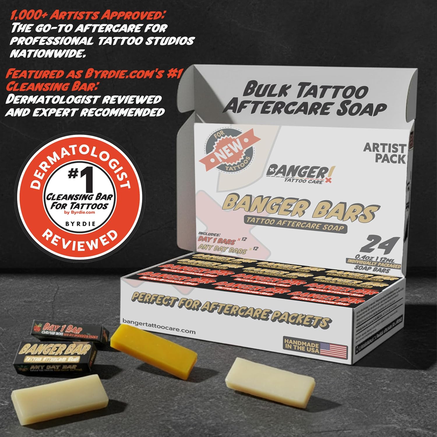 Banger Bars Tattoo & PMU Aftercare Bulk Soap — 24 Count Individually Packaged 0.4oz Mixed Formula for Tattoo Artists, Studios, Shops & Permanent Makeup Professionals — Fragrance-Free Unscented