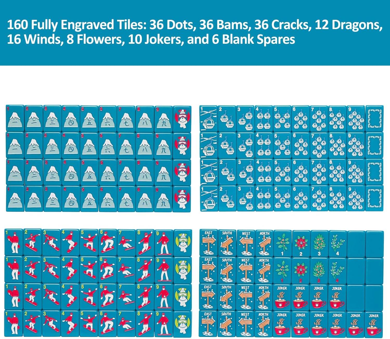 American Mahjong Tile Set with Carrying Bag and Accessories, 160 Acrylic Engraved Mahjong Tiles