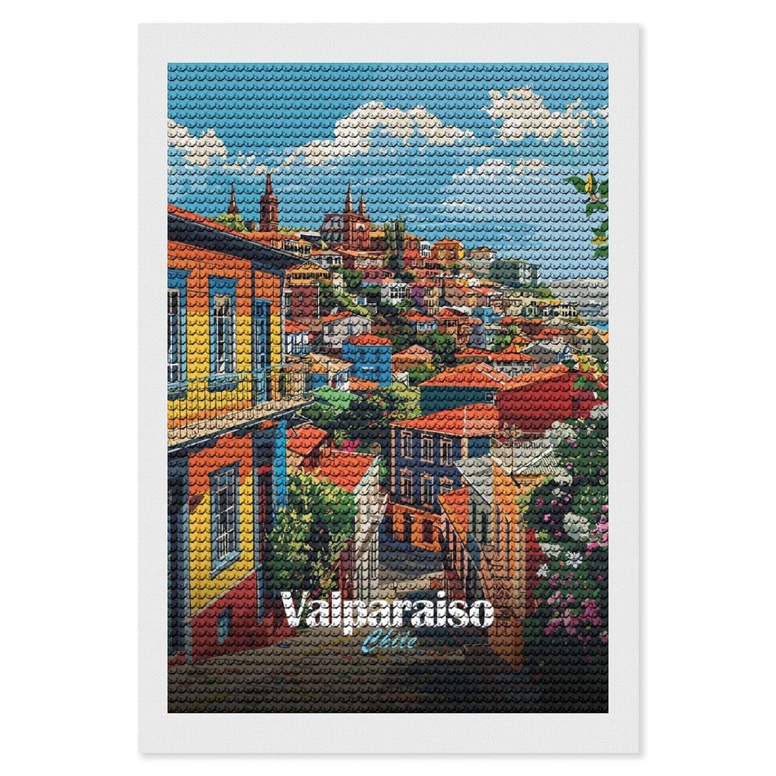 Junmoney Valparaiso, Chile Cityscape Diamond Painting Canvas Set 8"x12", for Women, Mindful Craft Activity, Cosy Home Accent, Festive Craft Gift