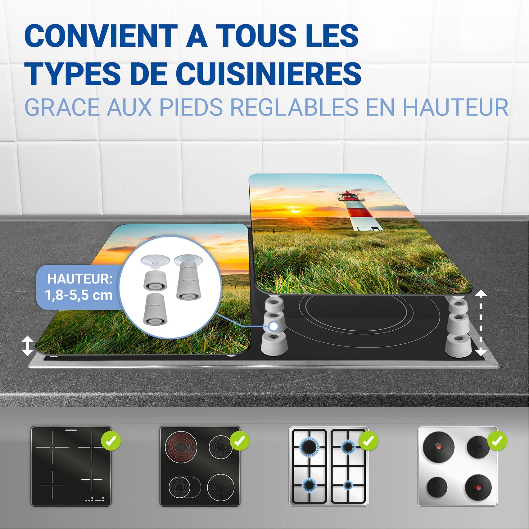 WENKO Plaque de Recouvrement Universelle Mod. Phare, réglable en hauteur pour tout type de cuisinière, planche à découper et protection anti-éclaboussures, verre, 30 x 52 cm, 2 pièces