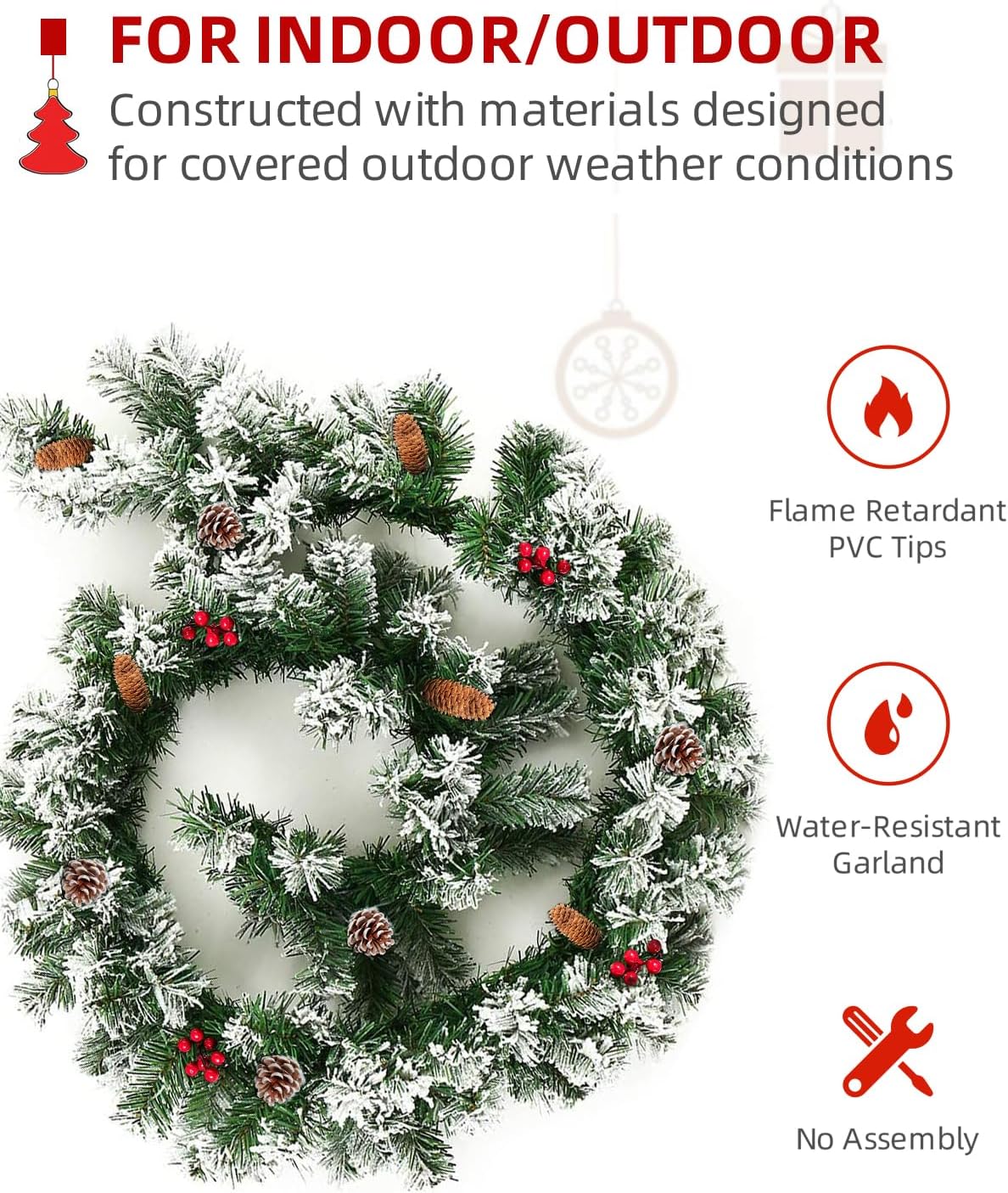 9FT Flocked Christmas Garland, Artificial Snowy Xmas Garland, Indoor Outdoor Winter Garland with Pine Cones and Red Berries for Christmas Decorations Table Mantle Room