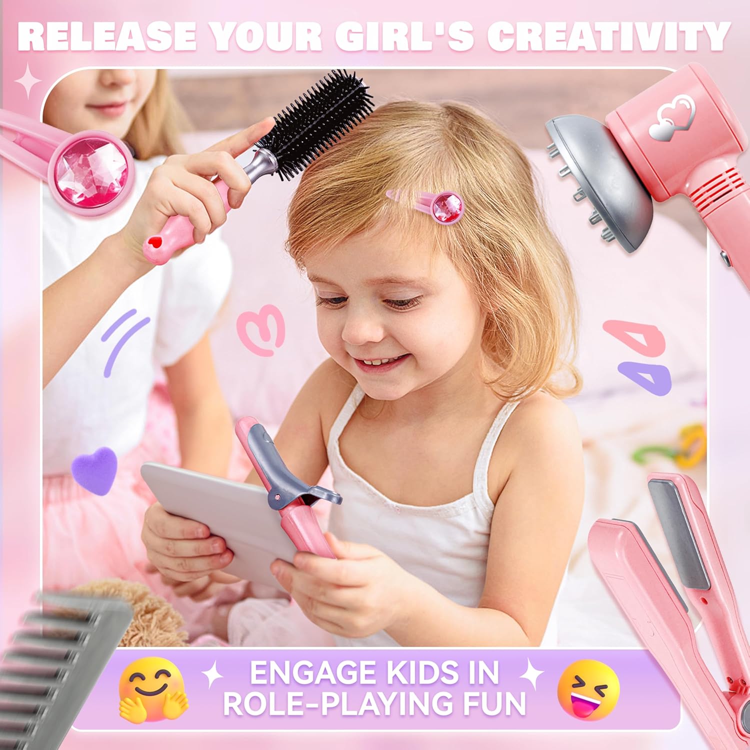 Toy Choi's Children's Pretend Play Hair Styling Salon Set with Hair Dryer, 10pcs Pink Princess Hairdressing Kit | Detachable Styling Tools & Storage Case | Kids Makeup Cosmetics Playset for Girls
