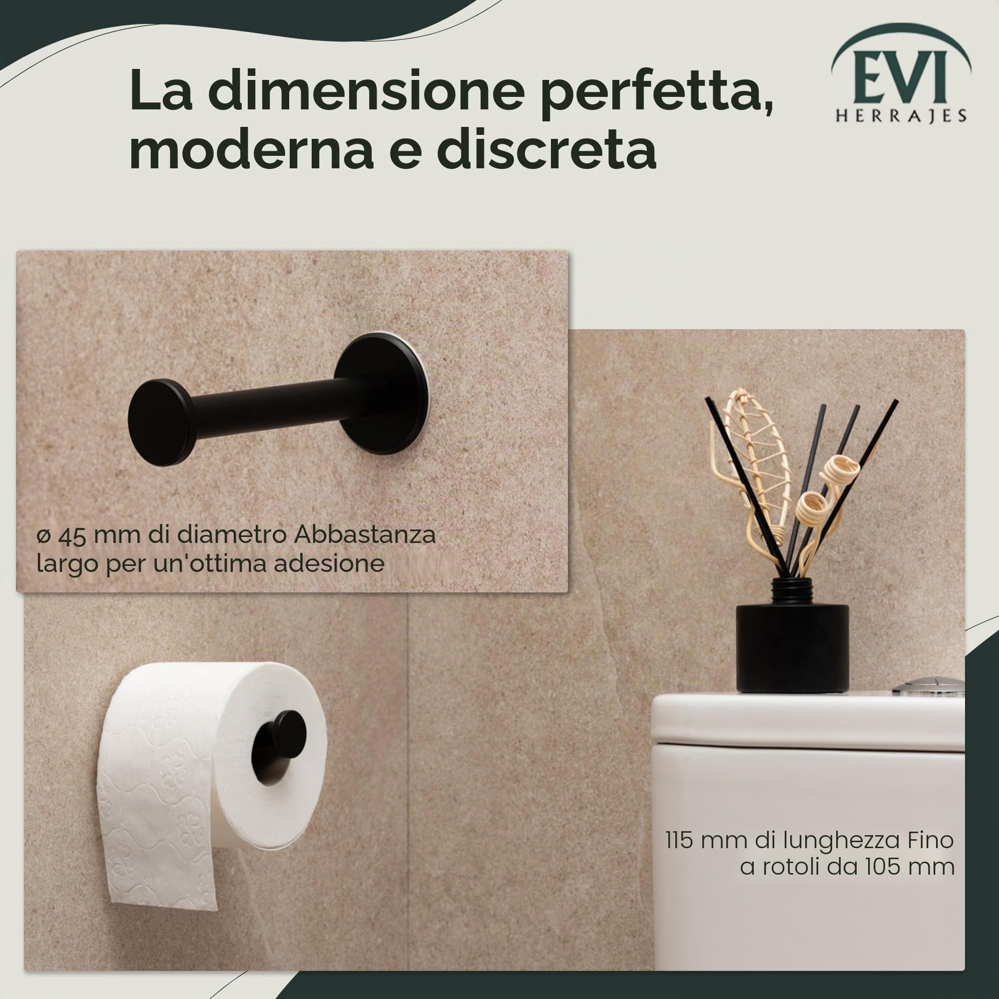 EVI Herrajes | Portarotolo di carta igienica nera | Autoadesivo o avvitabile | Acciaio Inox | Mod. 050PR1DUALNG