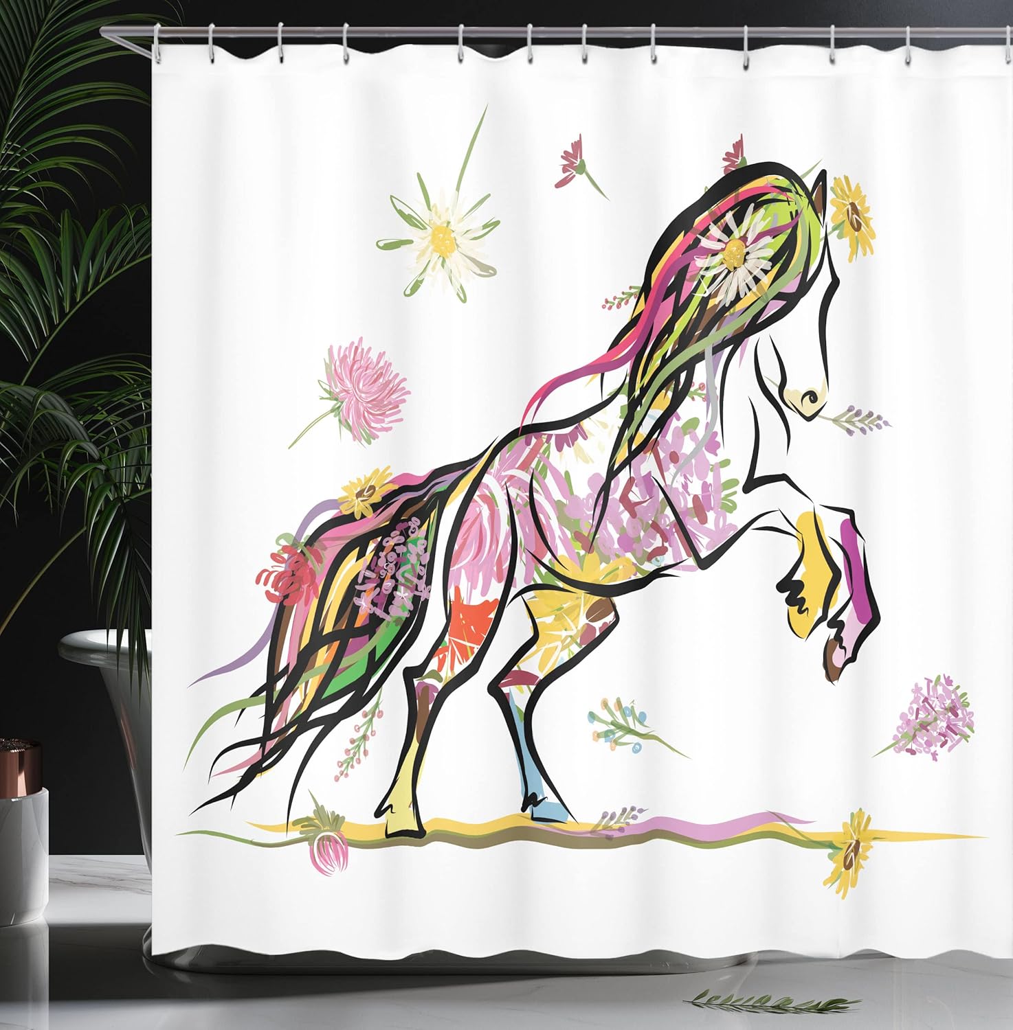 Ambesonne Sketchy Shower Curtain, Pony Horse Surrounded by Colorful Flowers on Her Tail and Hair Design, Cloth Fabric Bathroom Decor Set with Hooks, 69" W x 75" L, Red Black