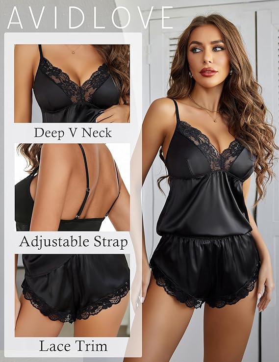 Avidlove Satin Pajamas Set Womens Lace Sleepwear Sexy Lingerie Cami Shorts Set S-XXL