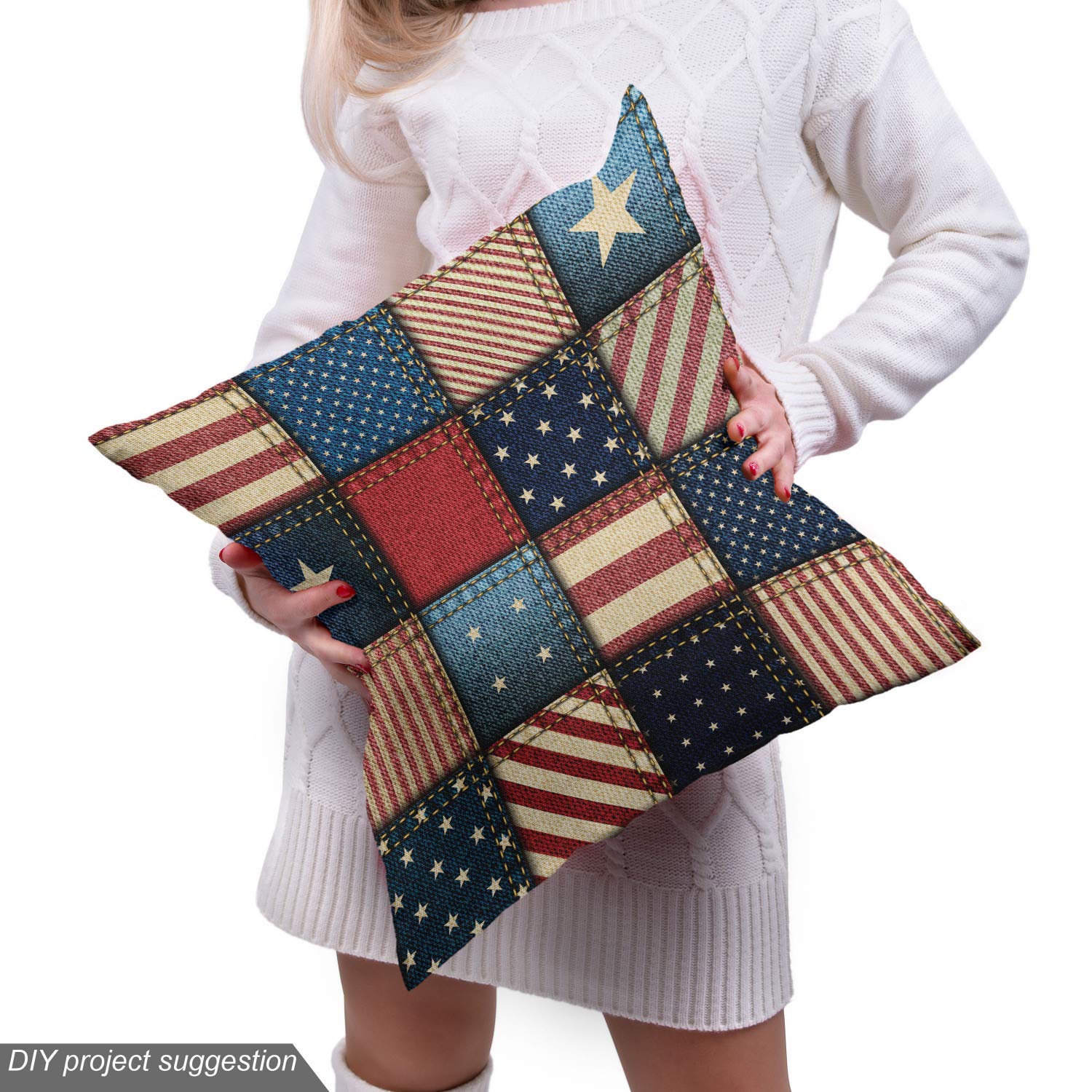 The Yard, tessuto con bandiera americana, patchwork con strisce verticali e orizzontali e forme a stella, tessuto decorativo per tappezzeria e accenti per la casa, 5 m, rosso blu