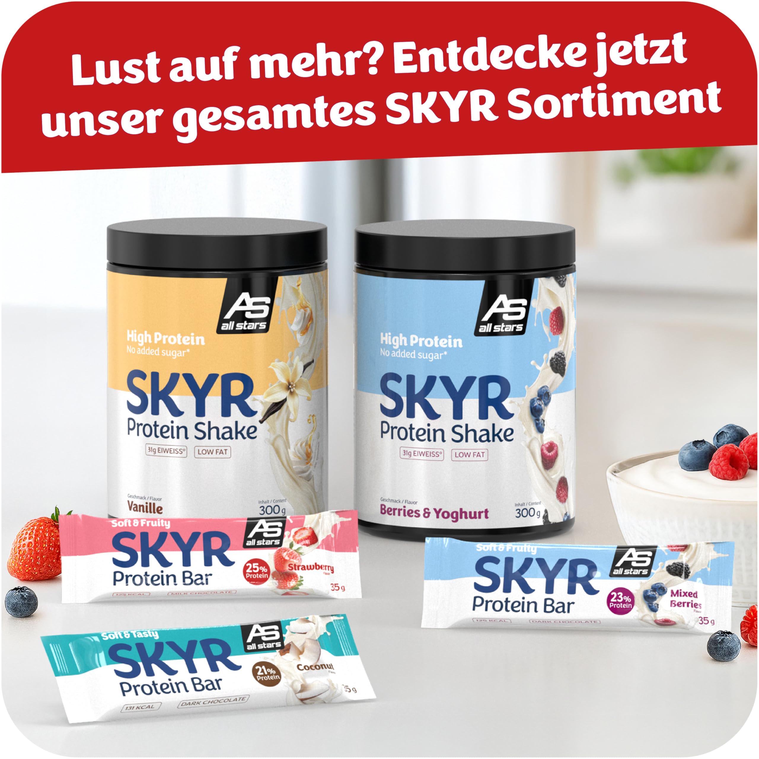 ALL STARS Skyr Proteinriegel Strawberry 24 x 35g - Protein Bars mit 25% Eiweiß, Mit Erdbeerstückchen & in Schokolade getaucht, Fett- und kalorienarme Snacks