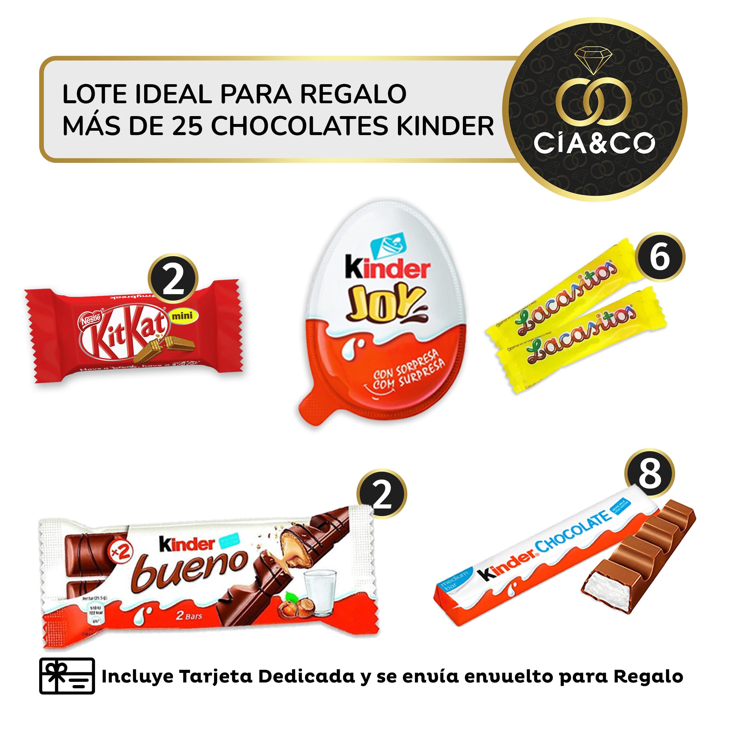 Lote envuelto para Regalo con Kinder Joy +25 Chocolates Kinder y 450 grs de Chuches sin Gluten. Con Tarjeta Dedicada Personalizada, Kinder Bueno, Toblerone, Kit Kat (TOP KINDER)