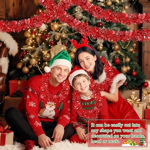 Miniatura 5 de Guirnalda de oropel de Navidad de 50 pies, decoración roja para árbol de Navidad, guirnalda metálica con purpurina para decoraciones de Navidad,