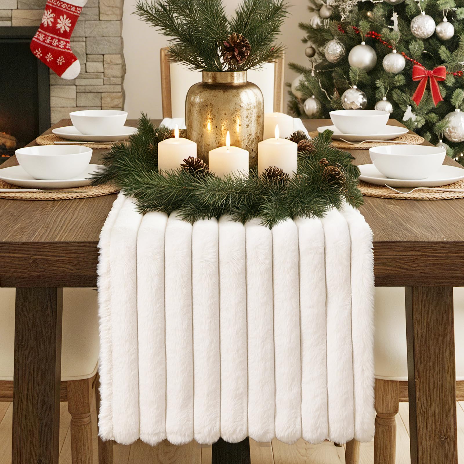 Bunny Chorus Chemin de table en fausse fourrure : 183 cm - Collection de chemins de table à rayures blanches - Style bohème rustique - Décoration de table de Noël - Décoration d'intérieur - Banquet