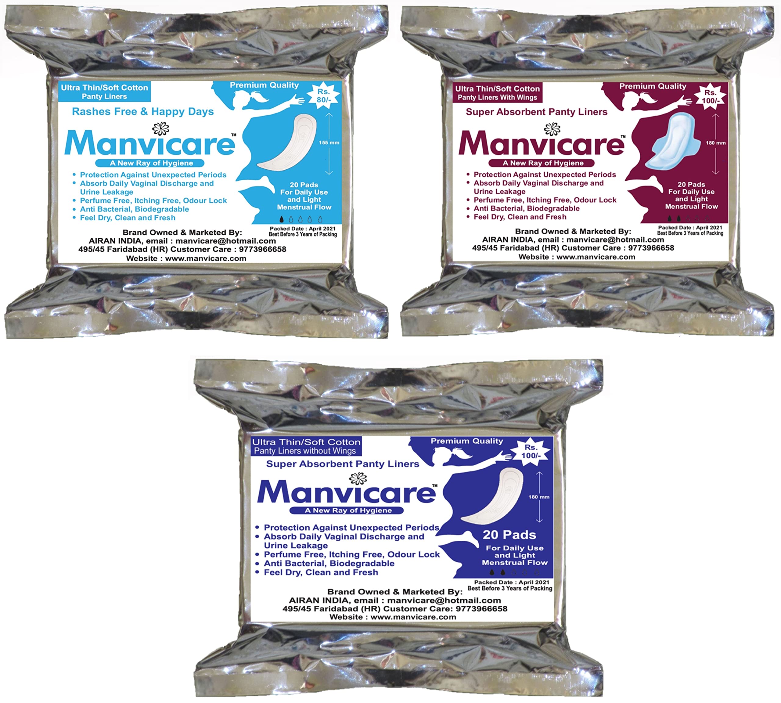 30 Liners of Size 185mm - Biodegradable Cotton Teen Pads/Mini Pads/Pantyliners Without Wings for Women/Girls