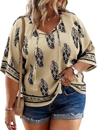 HDLTE Womens 3/4 Length Sleeve Tops Plus Size V Neck Tie Front Boho Blouses Summer Casual Vacation Clothes for Curvy 2026