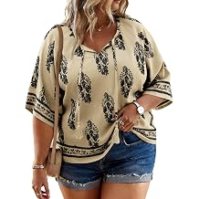 HDLTE Womens 3/4 Length Sleeve Tops Plus Size V Neck Tie Front Boho Blouses Summer Casual Vacation Clothes for Curvy 2026
