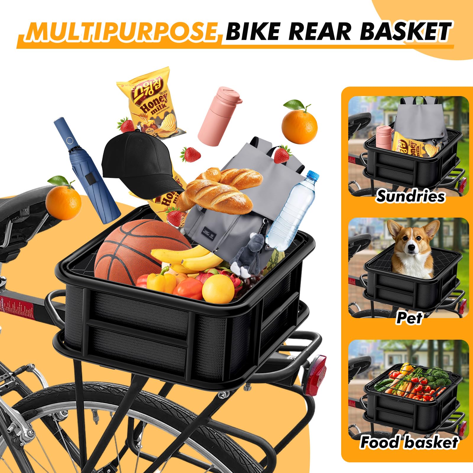 Panier arrière pour vélo avec filet de chargement et doublure - Grand panier de vélo électrique - Grand panier arrière pour vélo électrique avec housse imperméable