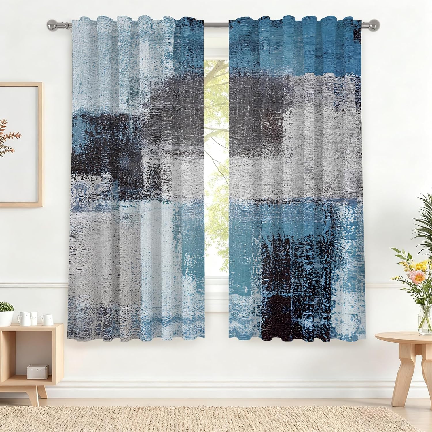 Renaiss 42 x 63 Inch Dusty Blue Abstract Curtains for Bedroom Geometric Curtain Modern Chic Window Treatments Decorative for Farmhouse Living Room Bedroom Window 60% Darkening Curtain 2 Panels