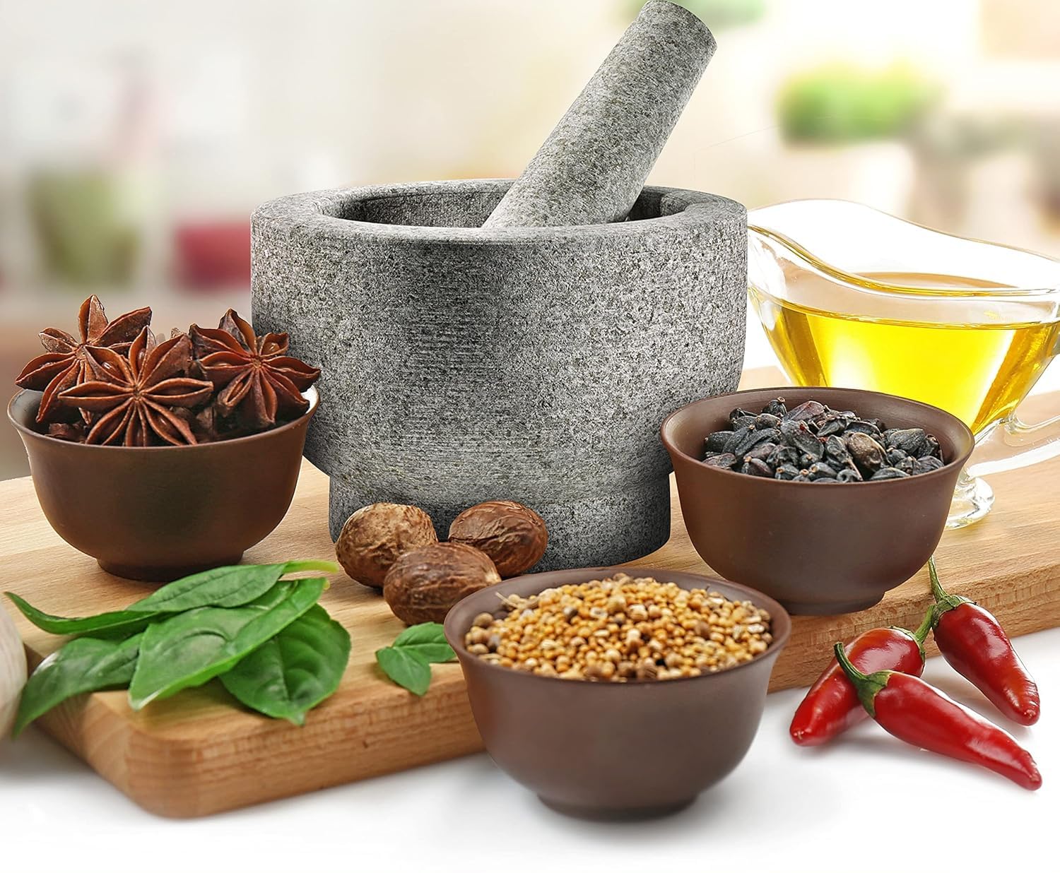Subaa Mortar and Pestle Set for Spices (5 inch), Okhli Masher, Mortar Pestle, StoneGrinder for Kitchen, Ginger Garlic Crusher, Unpolished Heavy Bowl Type 1