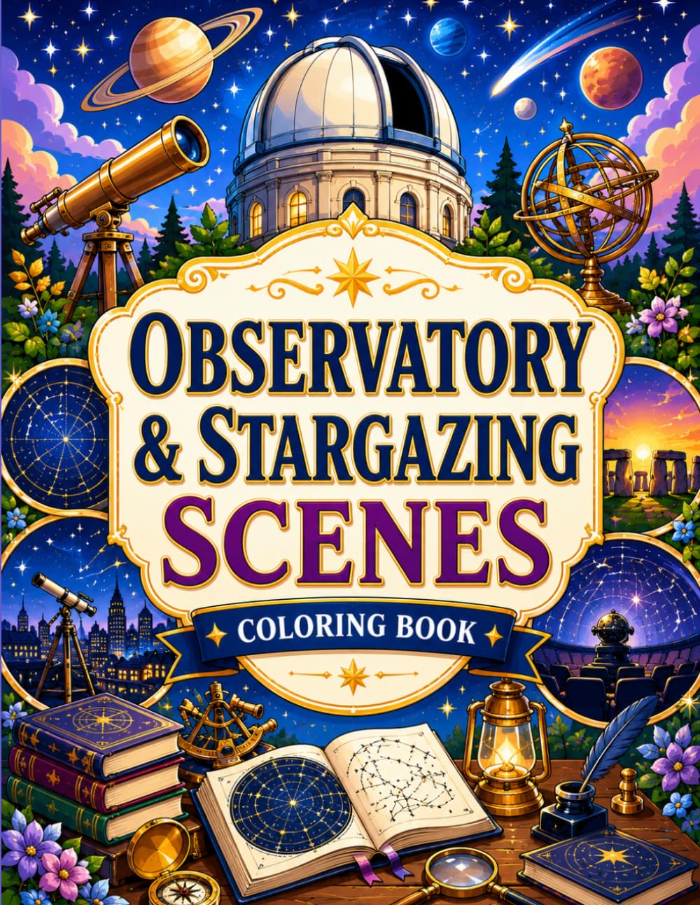 Observatory & Stargazing Scenes Coloring Book: Telescopes, Starry Skies, Planet Views and Celestial Astronomy Rooms