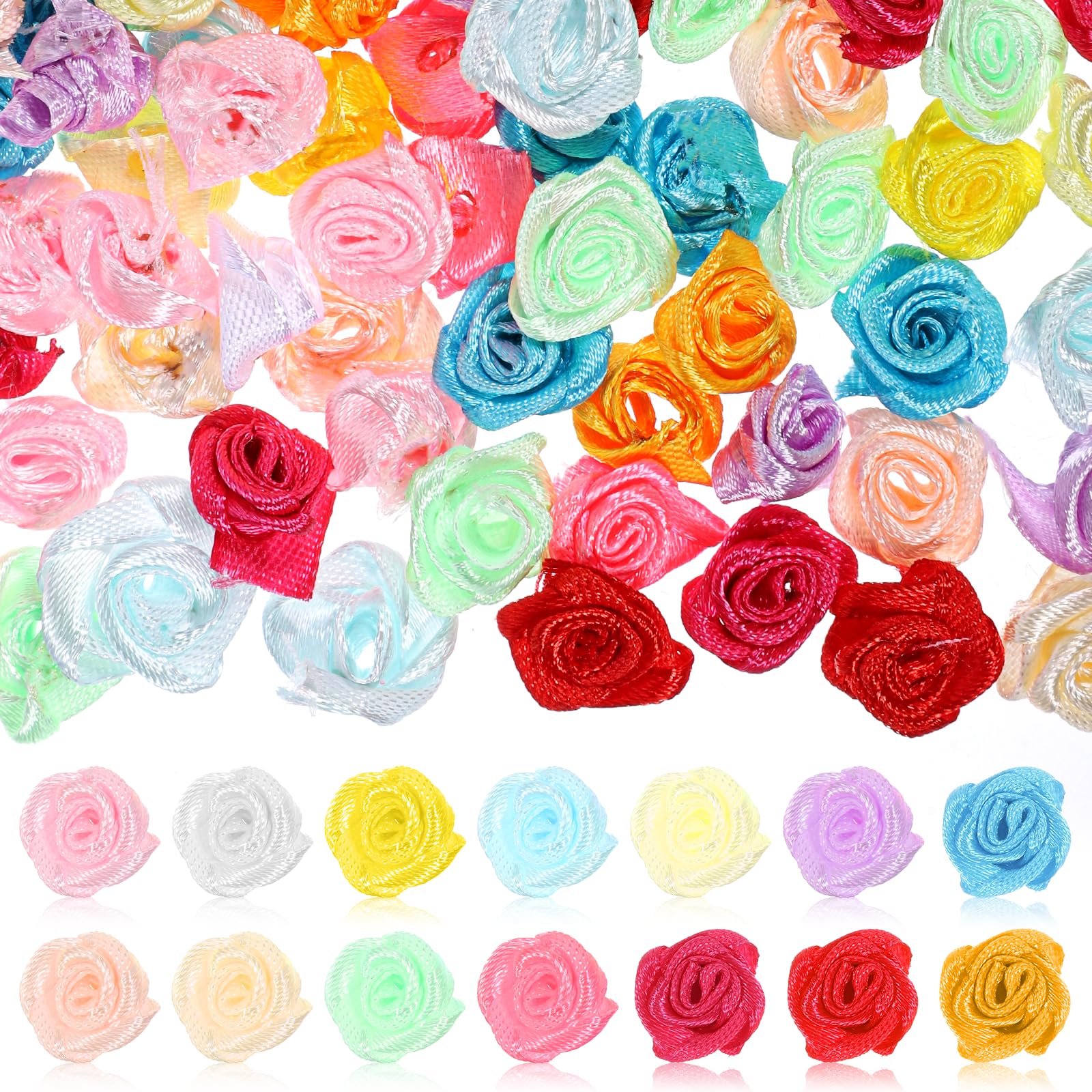 200 Pcs Satin Roses, Mini Flowers for Crafts 15 mm Cute Ribbon Flower Small Fabric Flowers Artificial Flower for DIY Crafting Wedding Gift Wrapping Decoration (Random Color)