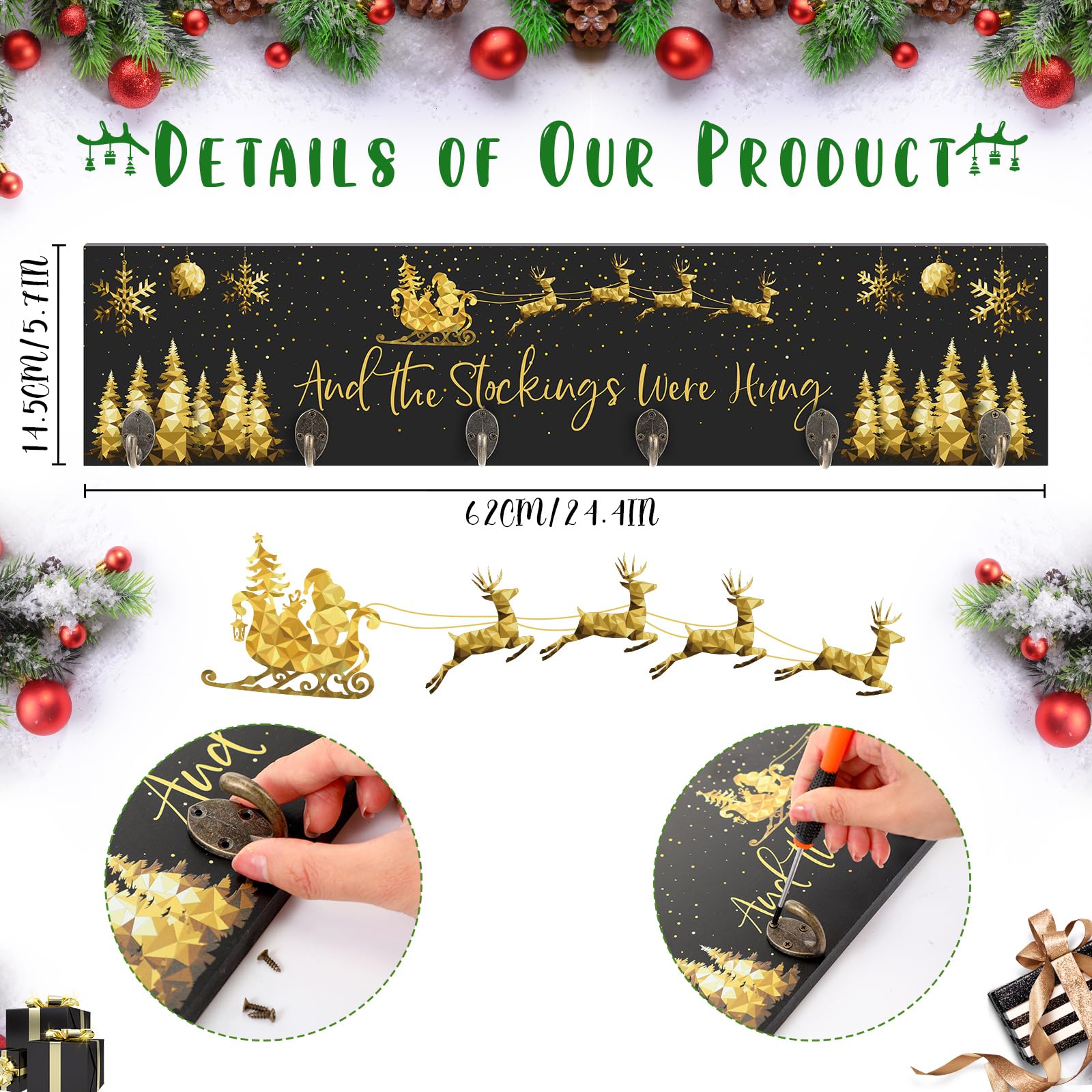 Soaoo Christmas Stocking Holder with 6 Hooks 24.4 x 5.7'' The Stockings were Hung Wood Hanging Sign Reindeer Socks Holder for Wall Xmas Decorations Hangers for Fireplace Mantel(Black, Gold)