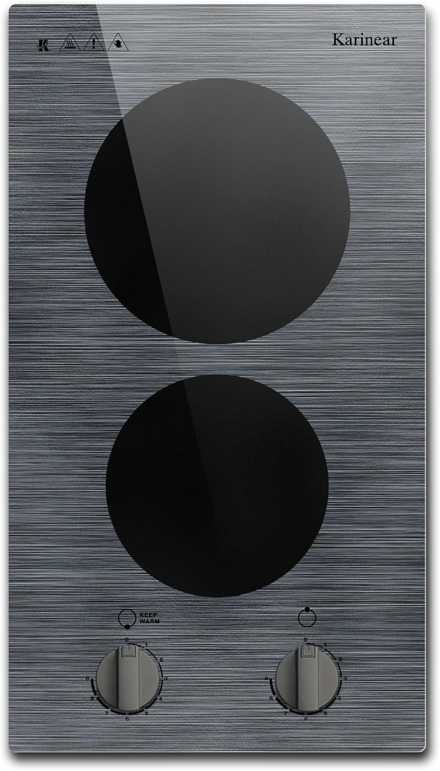 Karinear 2 Burners Electric Cooktop, 110v Electric Stove Top Knob Control, Built-in Countertop Electric Ceramic Cooktop with Beautiful Woodgrain Pattern Glass Surface, 110v Outlet Plug