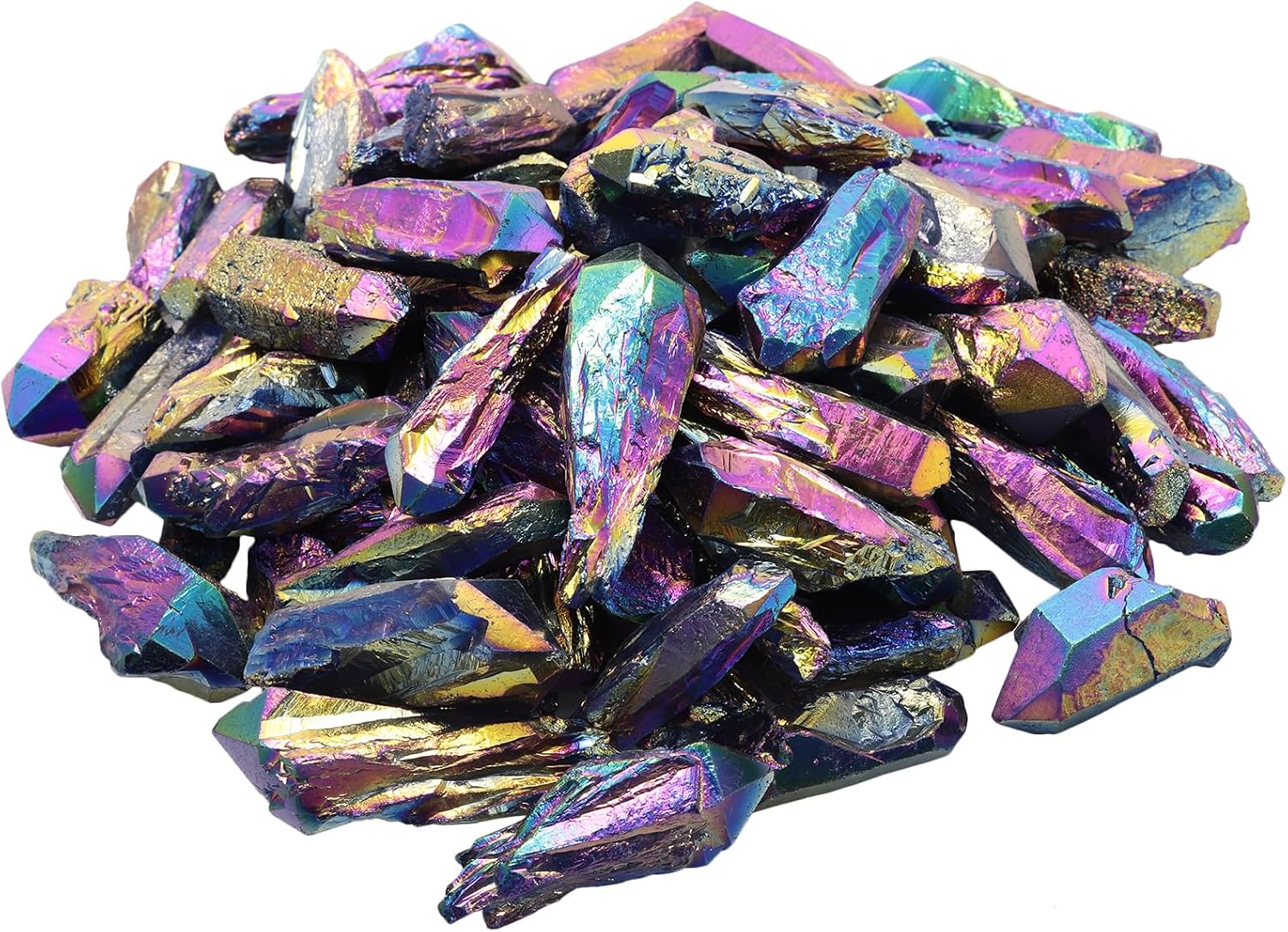 Rockcloud Blue Irregular Titanium Coated Quartz Crystal Points Rough Stone Sticks Undrilled Loose Beads for Jewerly Making and Home Decoration, 1 lb