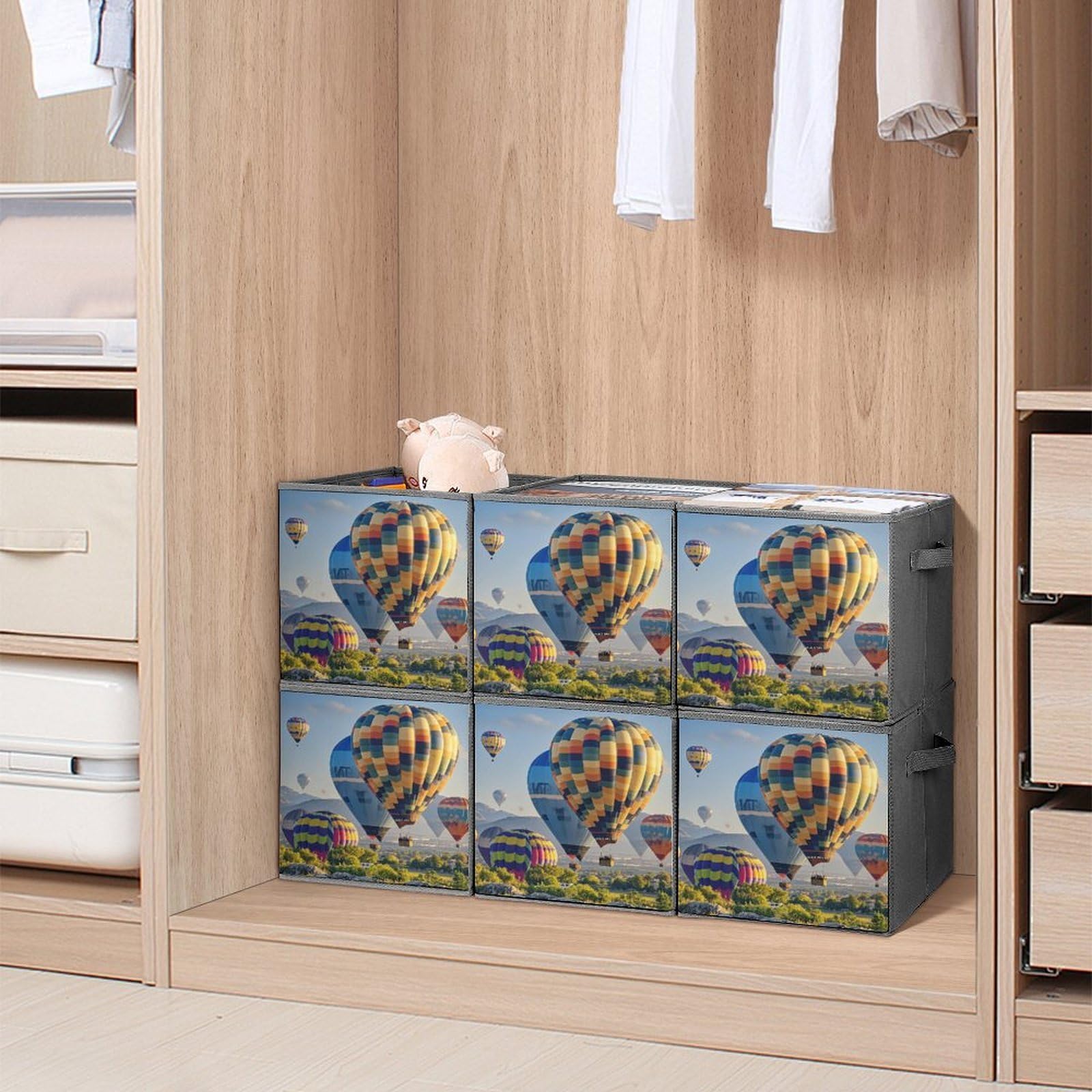 Cubos de almacenamiento de globos de aire caliente, cestas de almacenamiento plegables de tela decorativas para organizar organizadores del hogar con asas, cestas de almacenamiento de tela