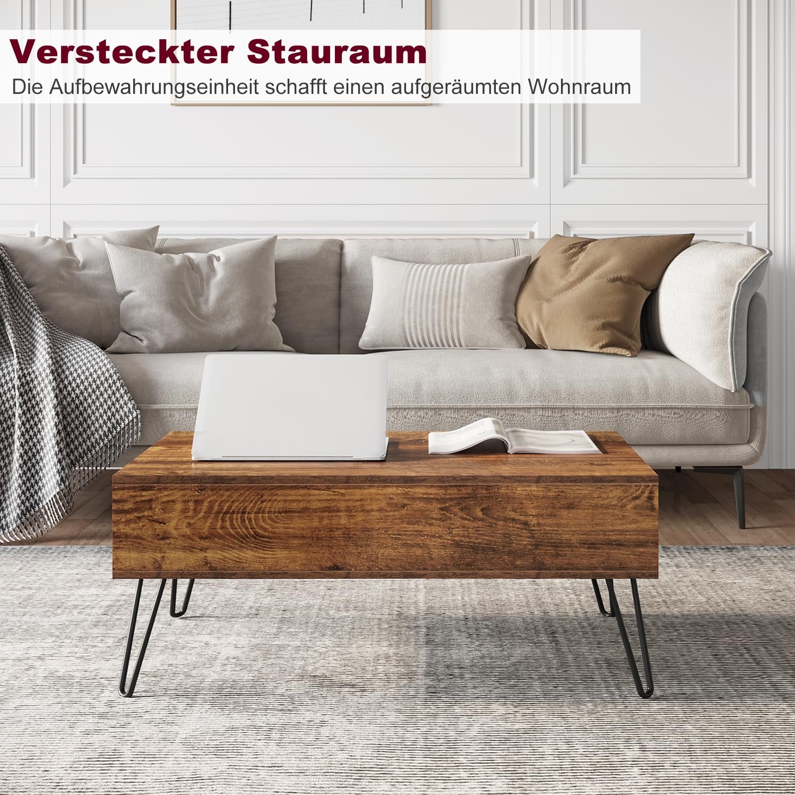 WOLTU Couchtisch Wohnzimmertisch höhenverstellbar ausziehbar, Kaffeetisch mit verstecktem Stauraum, für Wohnzimmer Büro, Metallbeine, 95x(40-55,5) x50 cm, Vintage-Holzoptik Schwarz, BTS18hov