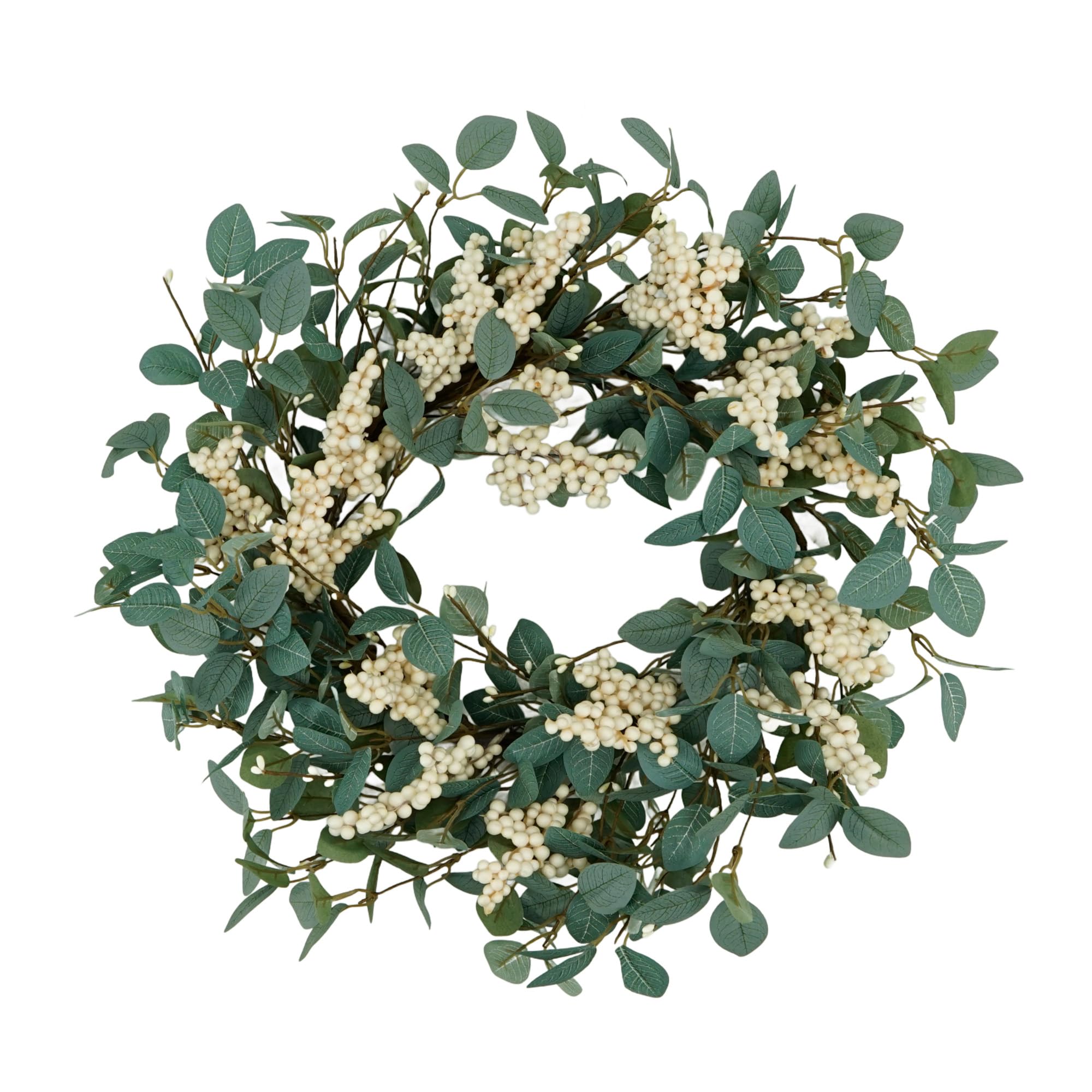YNYLCHMX 18" Spring Summer Wreaths for Front Door, Artificial Floral Wreath with White Berries and Eucalyptus Leaves, Green Foliage Wreath for Wall