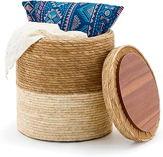 Storage Pouf Ottoman, Hand Weaving Natural Straw Foot Stool, Bohemian Round Patio Ottomans, Rustic Lounge Pouffe, Outdoor Extra Seat for Garden (14inch Cattail+Beige Corn Husk L)