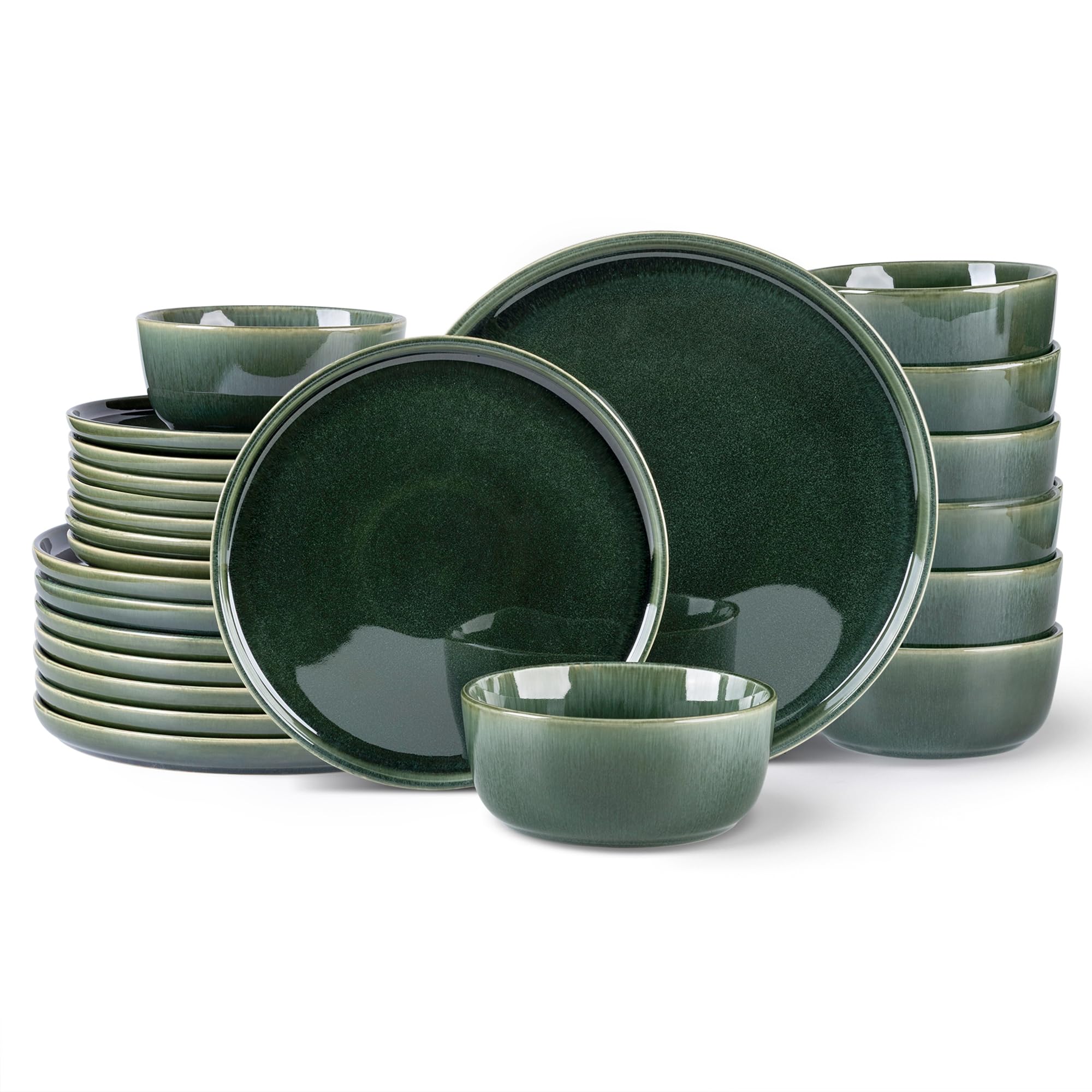 GBHOMECeramic Dinnerware Sets for 8, 24 Pieces Stoneware Plates and Bowls Sets, Reactive Glaze Dishes -Scratch Resistant, Dishwasher&Microwave Safe, Earth Green