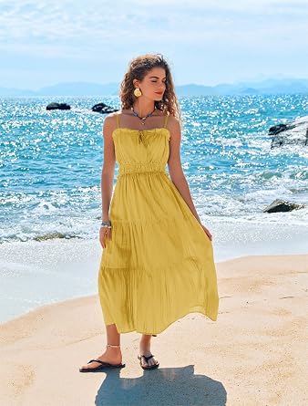 Kate Kasin Women's Summer Sleeveless Spaghettii A Line Dress Square Collar Maxi Sundress Boho Cotton Dress with Pockets for Beach Vacation