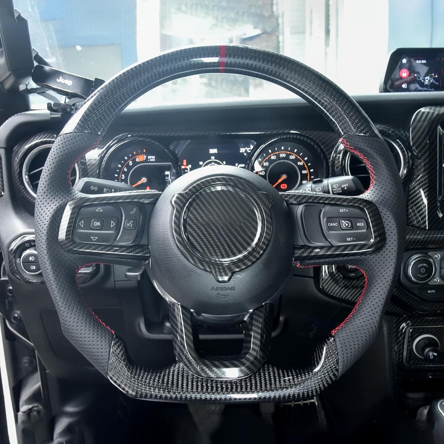 Carbon Fiber Steering Wheel for Jeep Wrangler JL/JLU/JT 2018-2023, D-shaped Flat-bottom Nappa Perforated Leather Grip with Replacement Trim