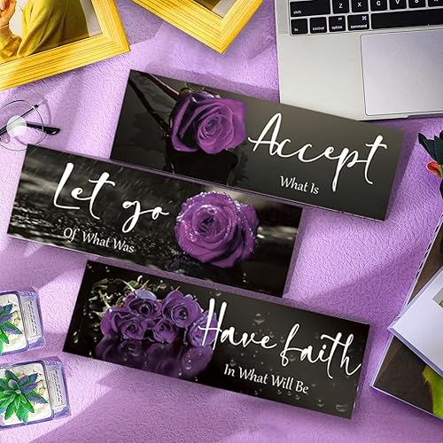 Miniatura 2 de ZINYAZHE 3 piezas de decoración de pared morada, decoración de baño morada, decoración de pared de rosa de madera con citas de aceptar dejar ir