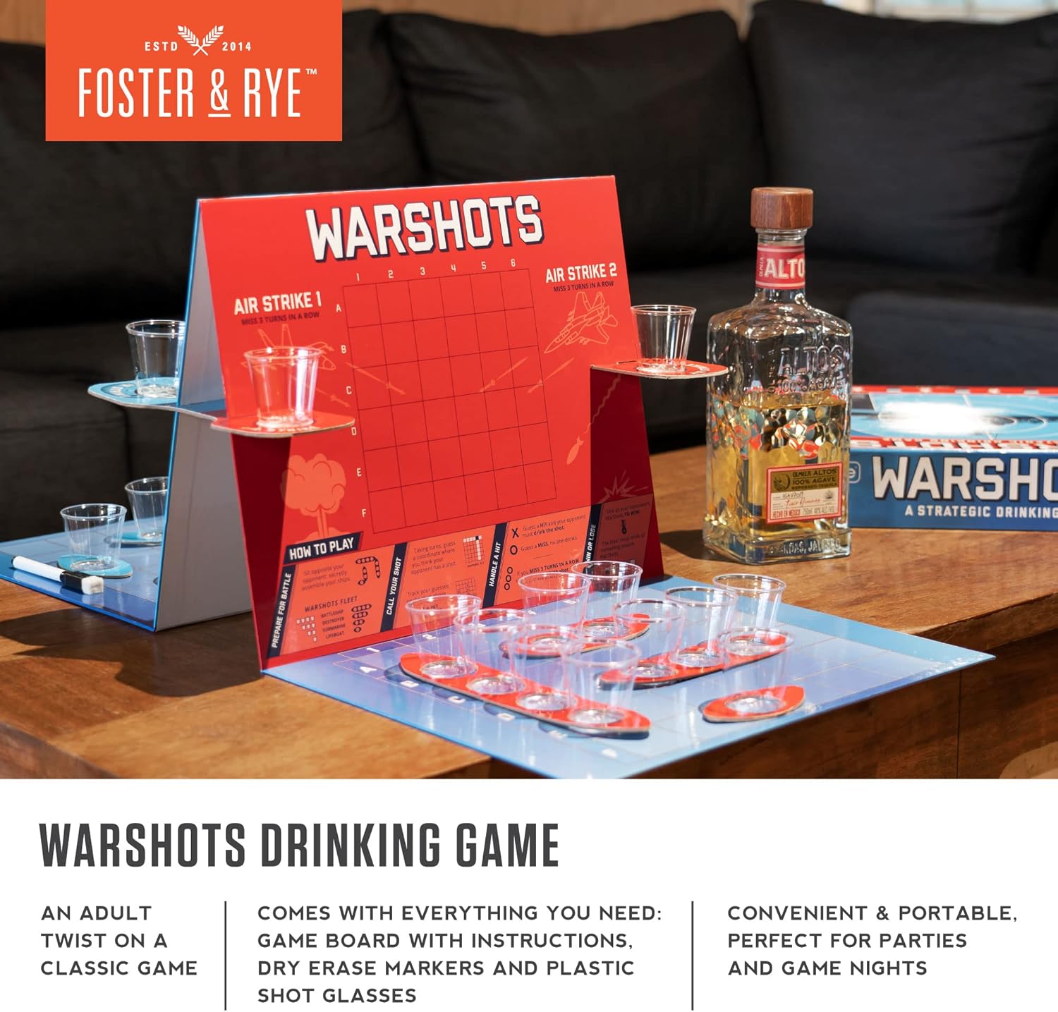 True War Shots Battle Shipwreck Drinking Board Game for Adults, Shot Glasses for Any Liquor or Beer, 2 Player Red and Blue, Paper, Plastic, Set of 1