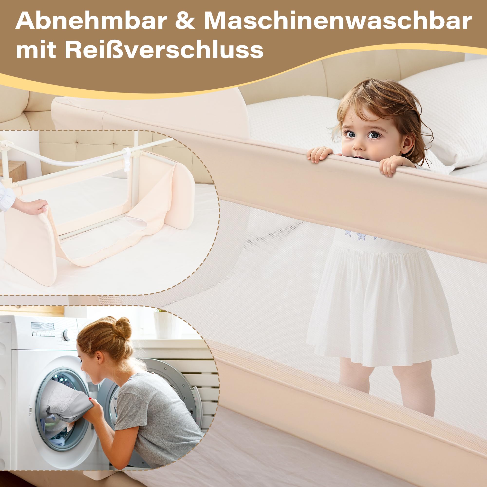 Rausfallschutz Bett Reise 185cm, 2-IN-1 Funktion als Baby Beistellbett und Bettgitter Baby, Rausfallschutz Bett Klappbar, Tragbar Bett Schutzgitter für Kinder, Kinderbettschutzgitter für Reisen- Creme