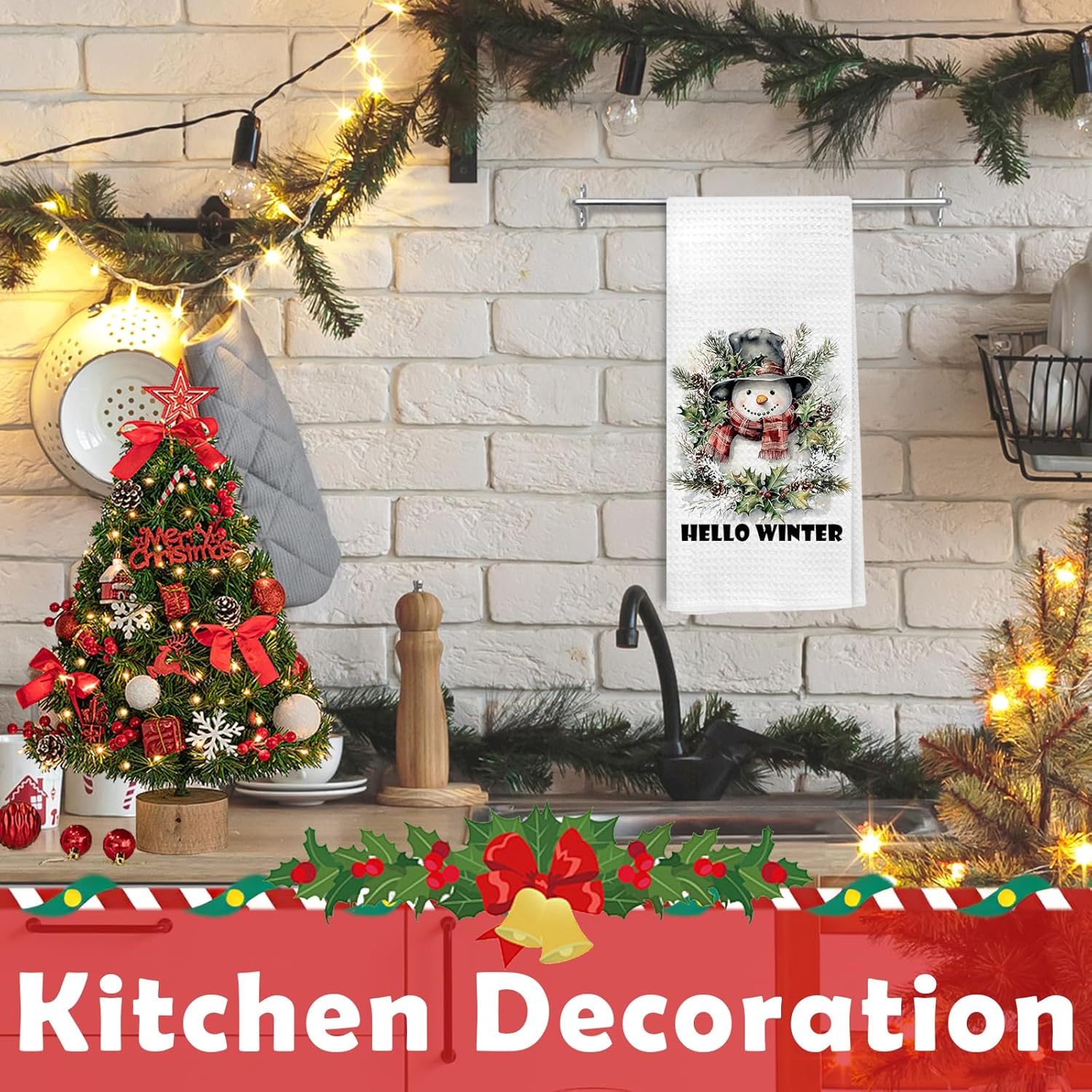 Christmas Winter Snowman Kitchen Dish Towels, Christmas Holly Pine Leaf Holiday Snowman Winter Hand Tea Towels for Kitchen Bathroom Decor, 16x24 Inch - Image 6