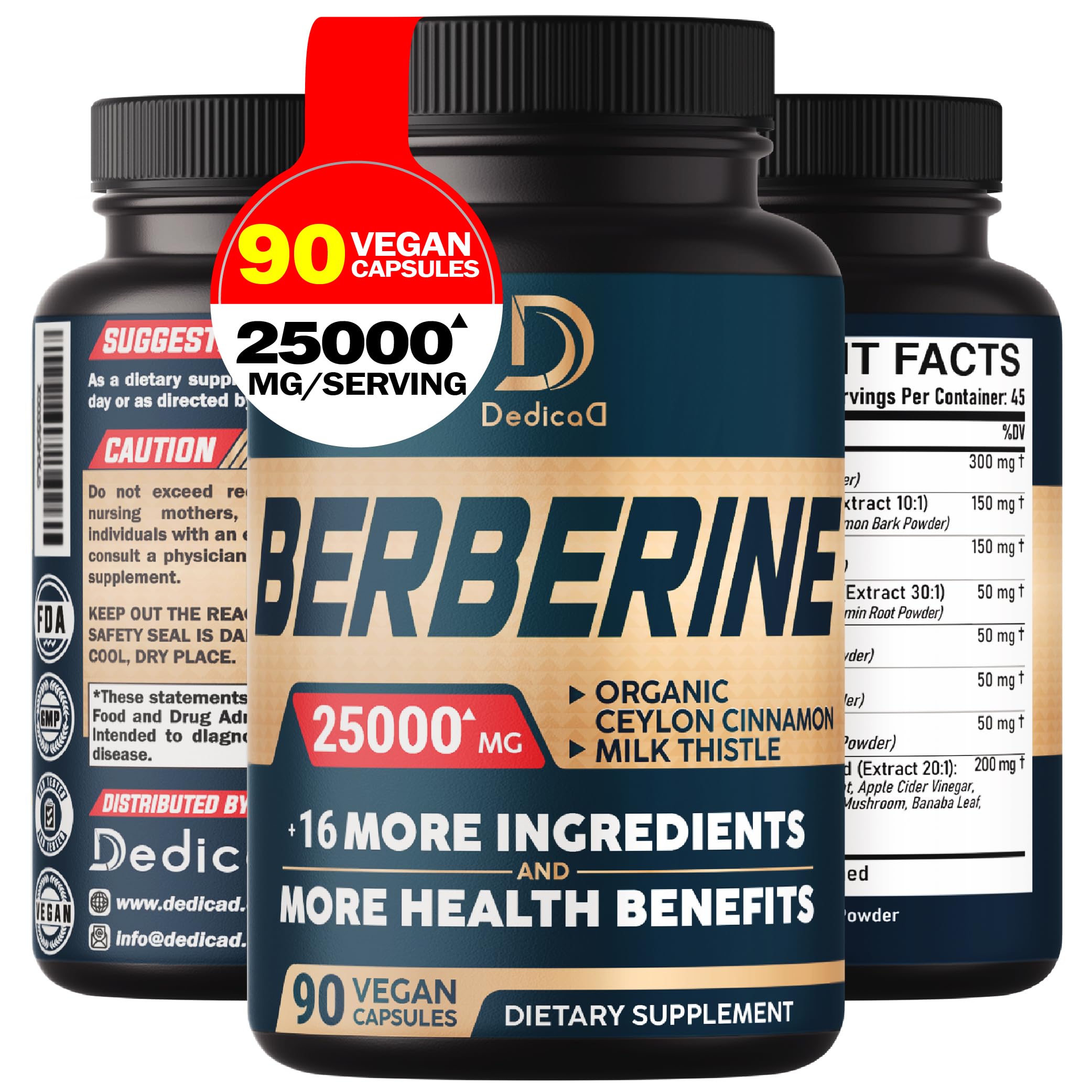 25000Mg Berberine Supplement with Ceylon Cinnamon Bark, Milk Thistle, Turmeric Curcumin Root & More - Support Heart Health, Body Management & Immune System - 90 Capsules 90 Count (Pack of 1)