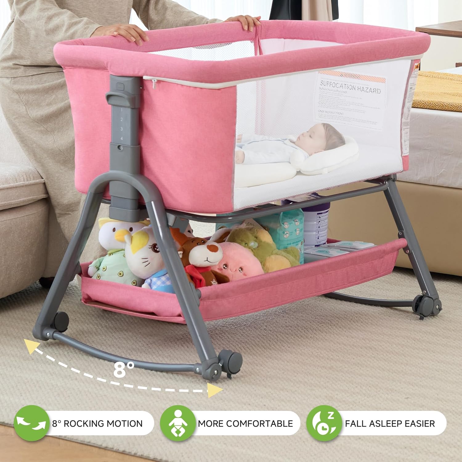 Real Relax Bassinet Bedside Sleeper, Bedside Bassinet Crib for Baby Girl, 6-Level Adjustable Height Rocking Bassinet with Breathable Mesh Sides, Mattress, Large Storage, Lockable Wheels, Pink