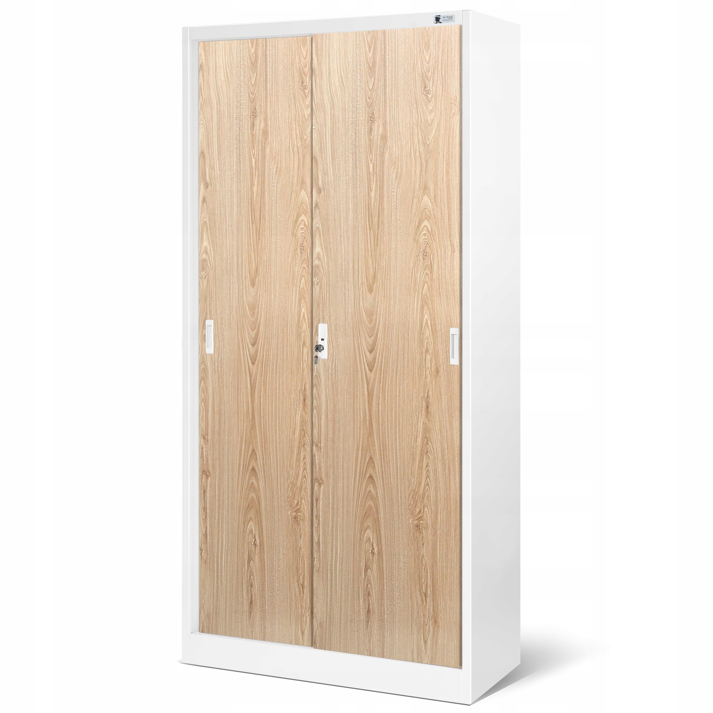 Jan Nowak Aktenschrank Büroschrank mit Schiebetüren Metall 4 Fachböden Pulverbeschichtung Abschließbar 185 cm x 90 cm x 40 cm (Weiß/Holzoptik)