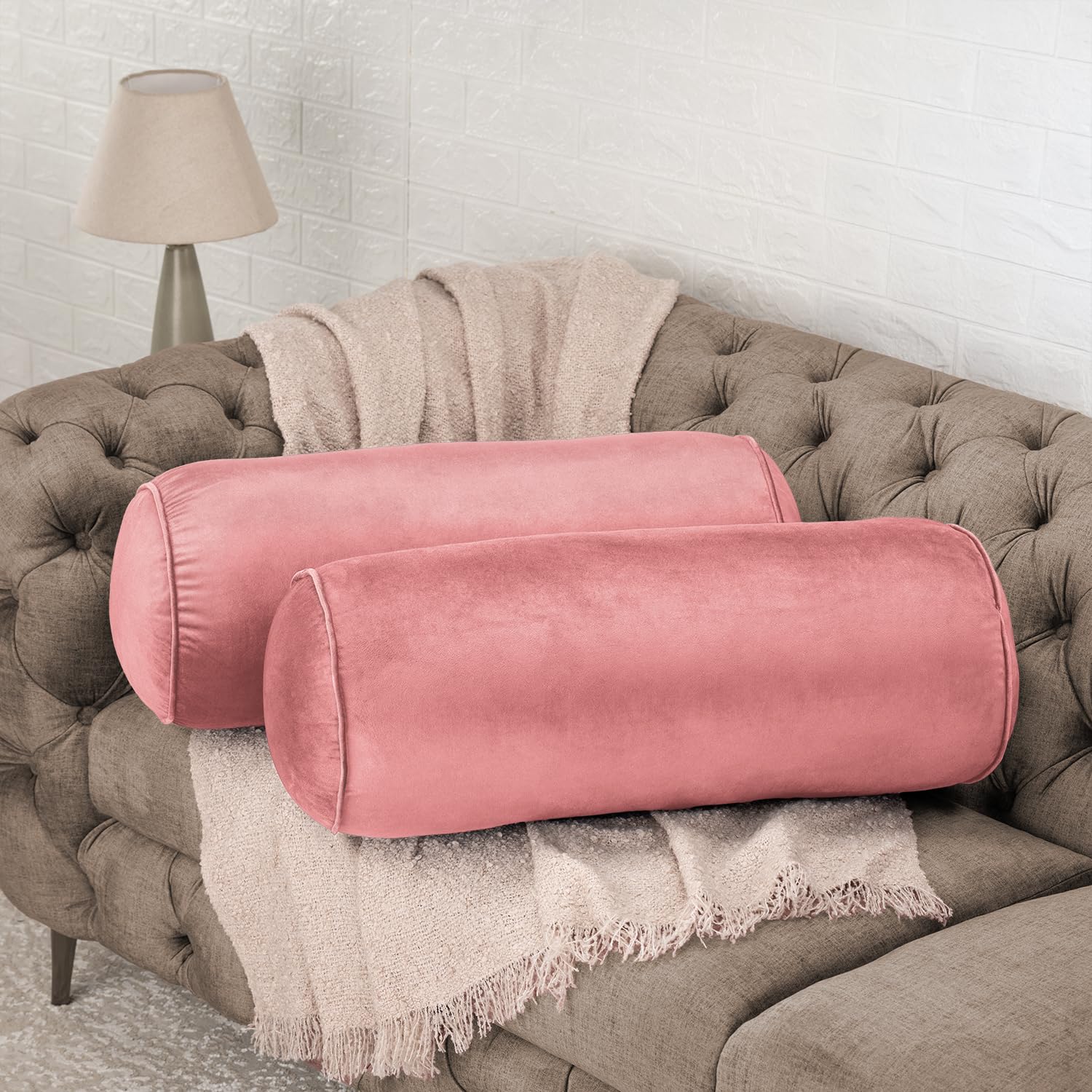 Wakefit Super Soft Bolster Pillow | Set of 2 | 25x10 Inch | Hollow Fiber Filling & Premium Velvet Fabric | Machine Washable Pillow | for Bed, Sofa & Diwan | Pink