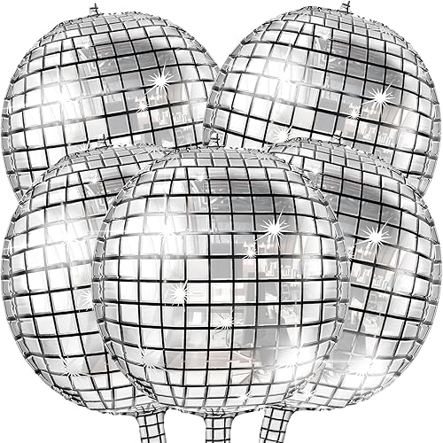 Skylety 5 globos de bola de discoteca plateados de 22 pulgadas, gran lámina 4D, globo de espejo metálico láser grande para discoteca de los años 70,