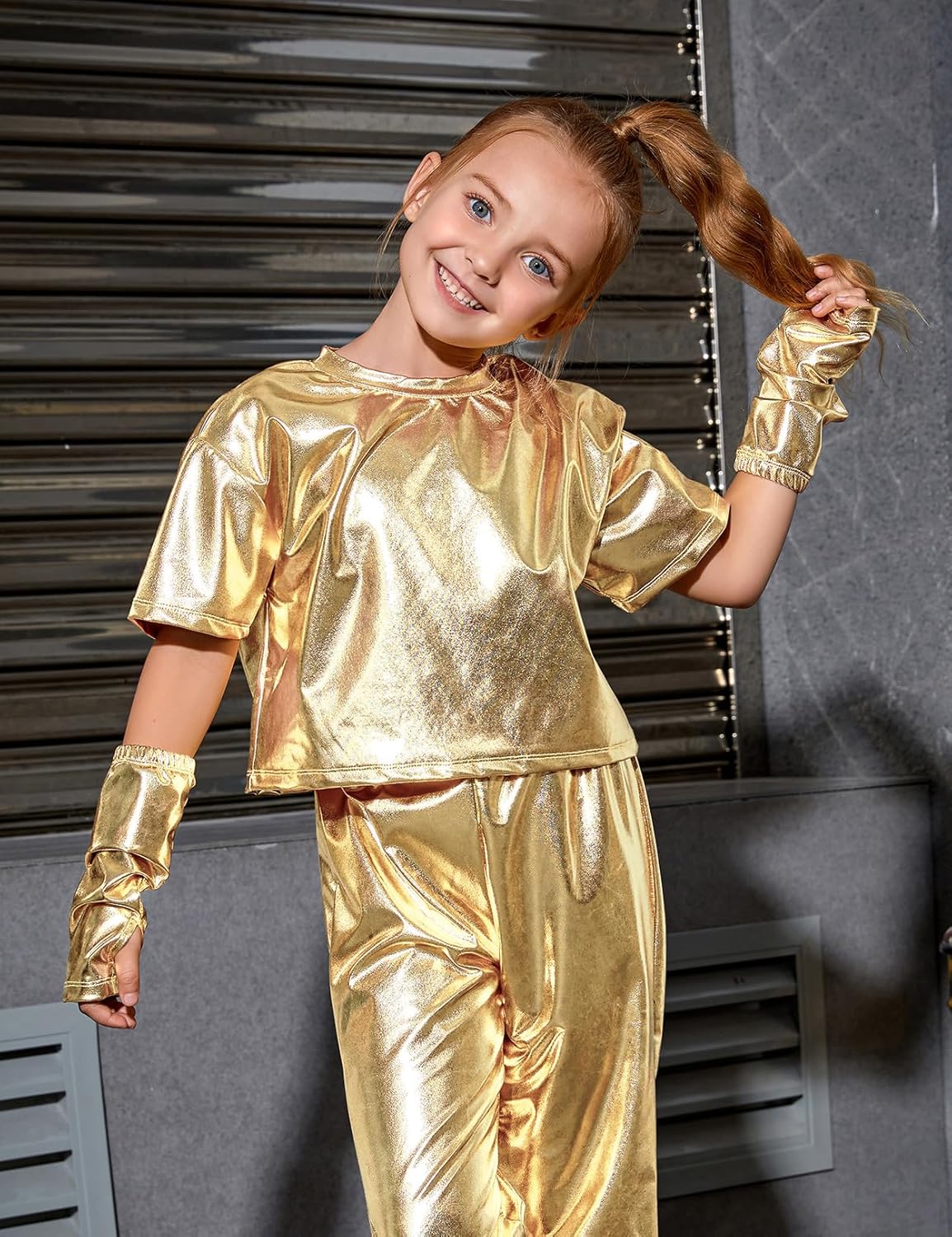 Perfashion Girls Metallic Shirts with Arm Sleeves, Shiny Crop Top for Dancing, Raves, Festivals, Costumes 4-15 Years