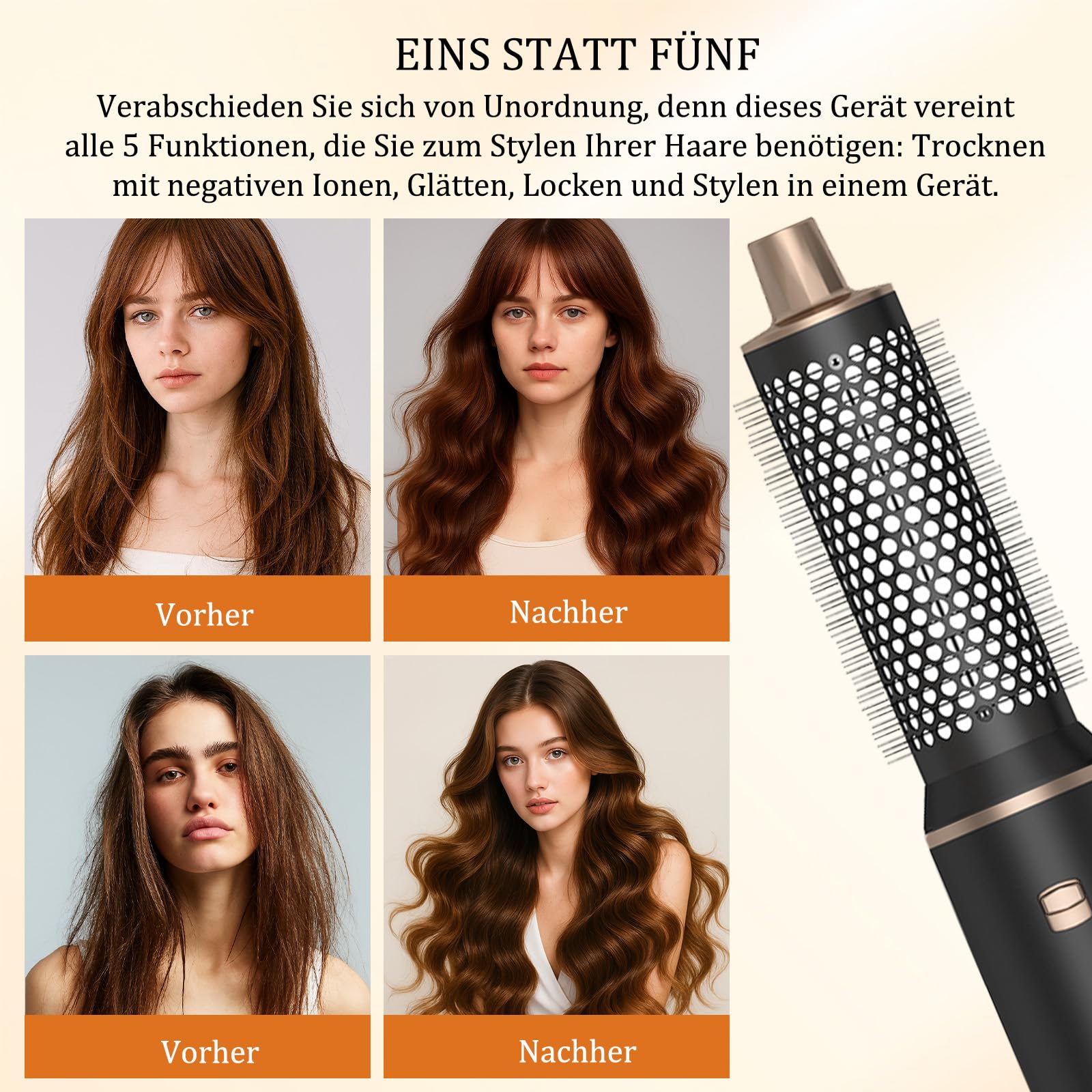 Airstyler 5 in 1 Hairstyler Haarstyler, Föhnbürste mit haartrockner für Frauen, Warmluftbürste Airstyler mit Föhn, Glätten, Lockenstab Automatisch, Haarglätter, Rundbürstenföhn, Ionen Air Styler