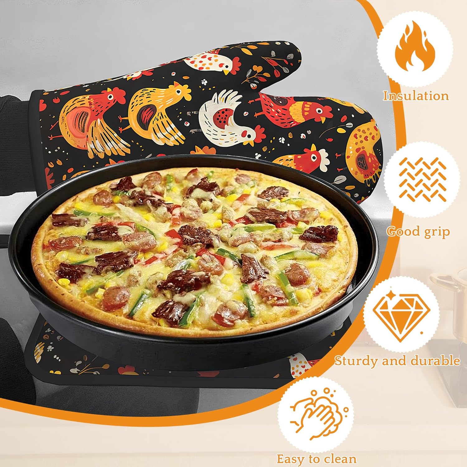 Colorful Rooster Oven Mitts and Pot Holders,Cute Chicken Heat Resistant Oven Mitts Gloves and Pot Holder for Home Kitchen Decorations Cooking Baking BBQ Gifts,Set of 4 - Image 4